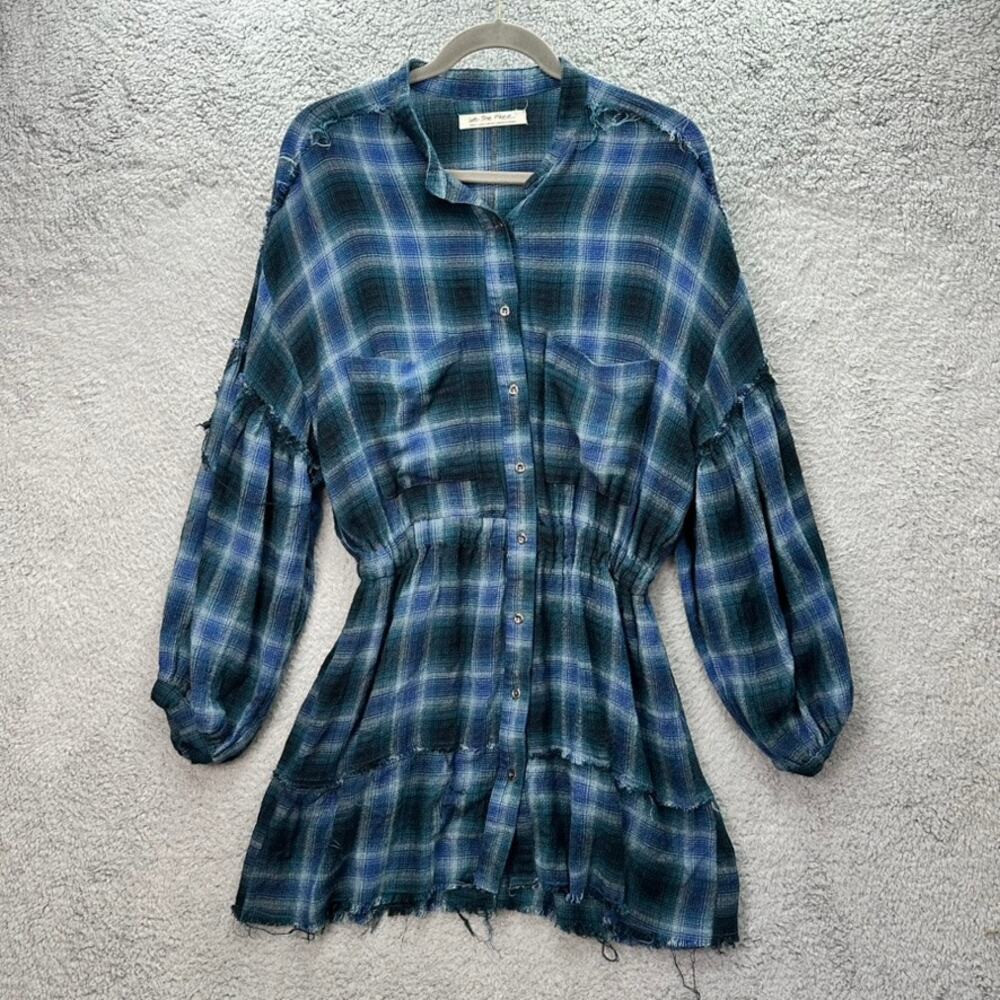 We The Free Small Dress Blue Plaid Button Up Elastic Waist Raw Hem Boho Hippy